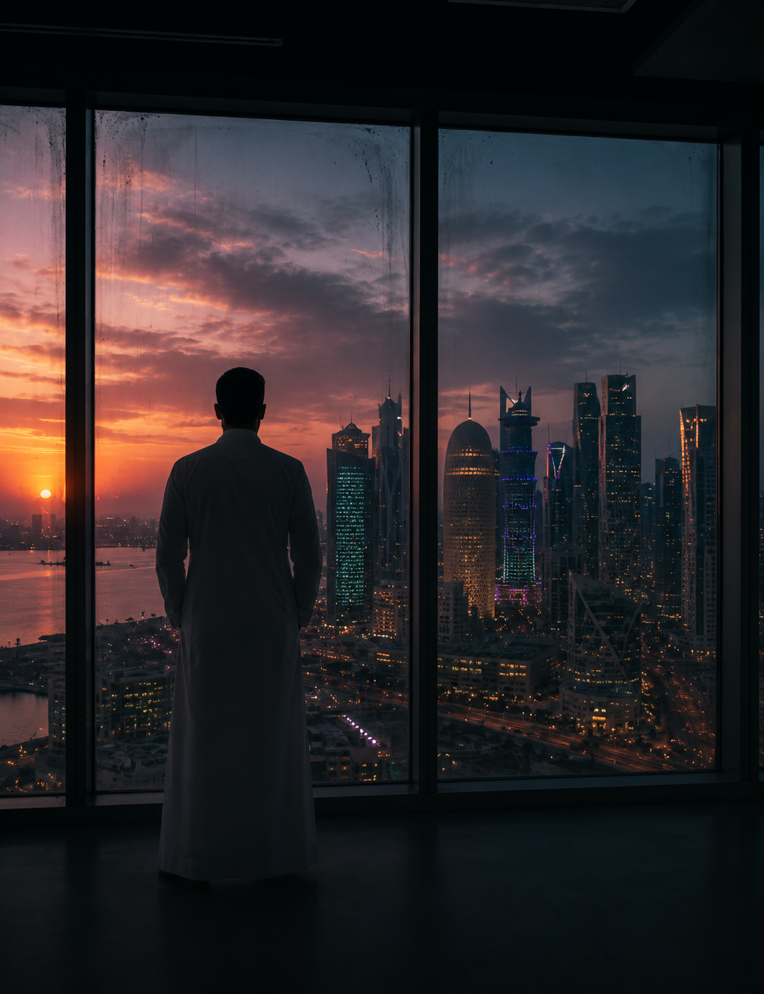 Silhouette of a man in a thobe overlooking the Doha, Qatar skyline at sunset